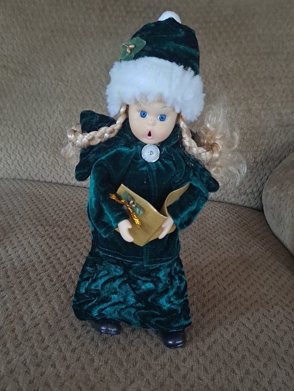 Vintage Green Velvet Girl Holiday Caroler 12" Doll with Faux Fur Hat